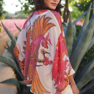 Short Kimono Crane Ecru