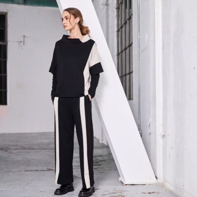 Alternative view of NAYA Wide Leg Black Trouser with Contrast Panel in Sand NAW25264