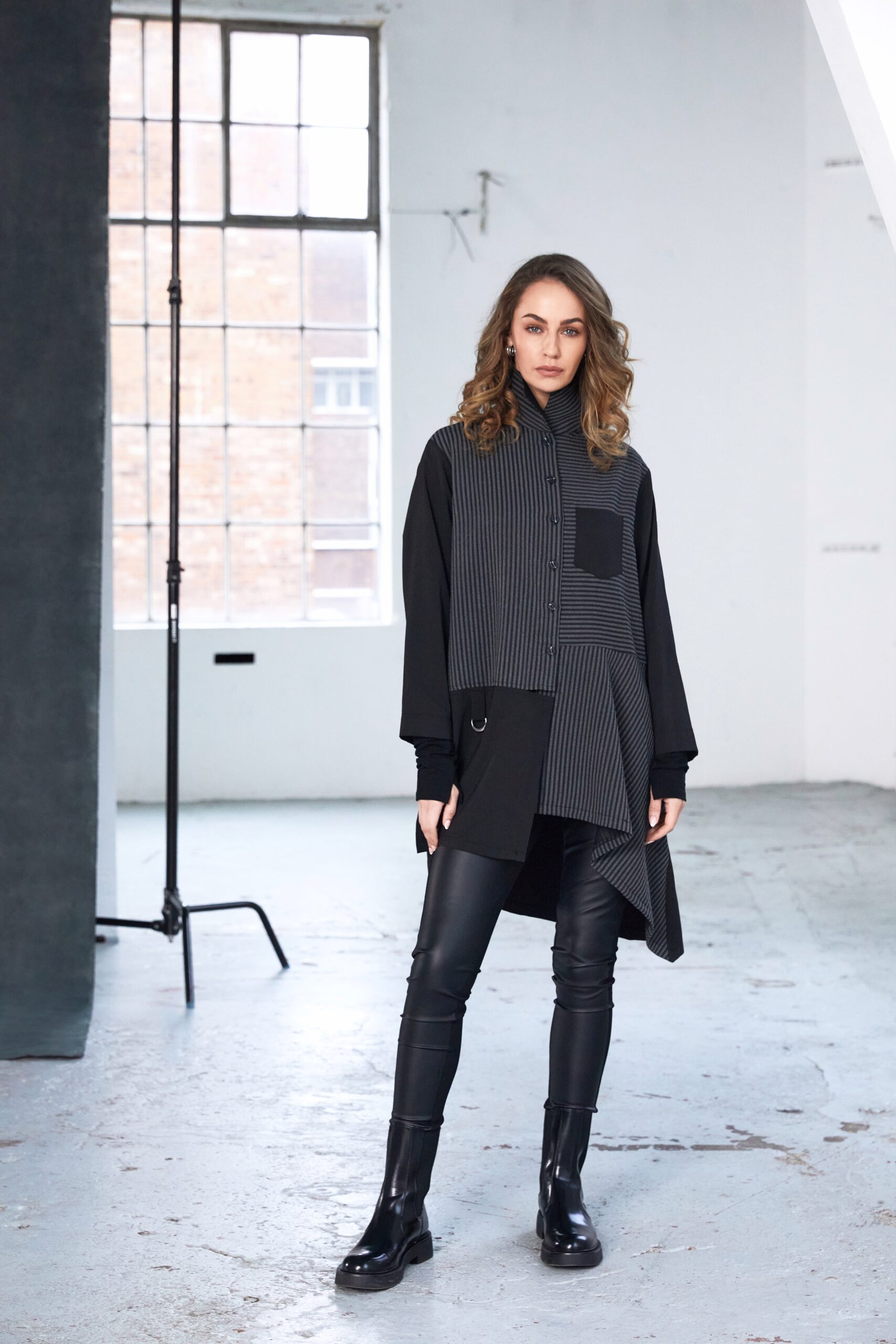 Stripped Blouse with Angled Hem and Contrast Sleeve NAW25191 - Image 2