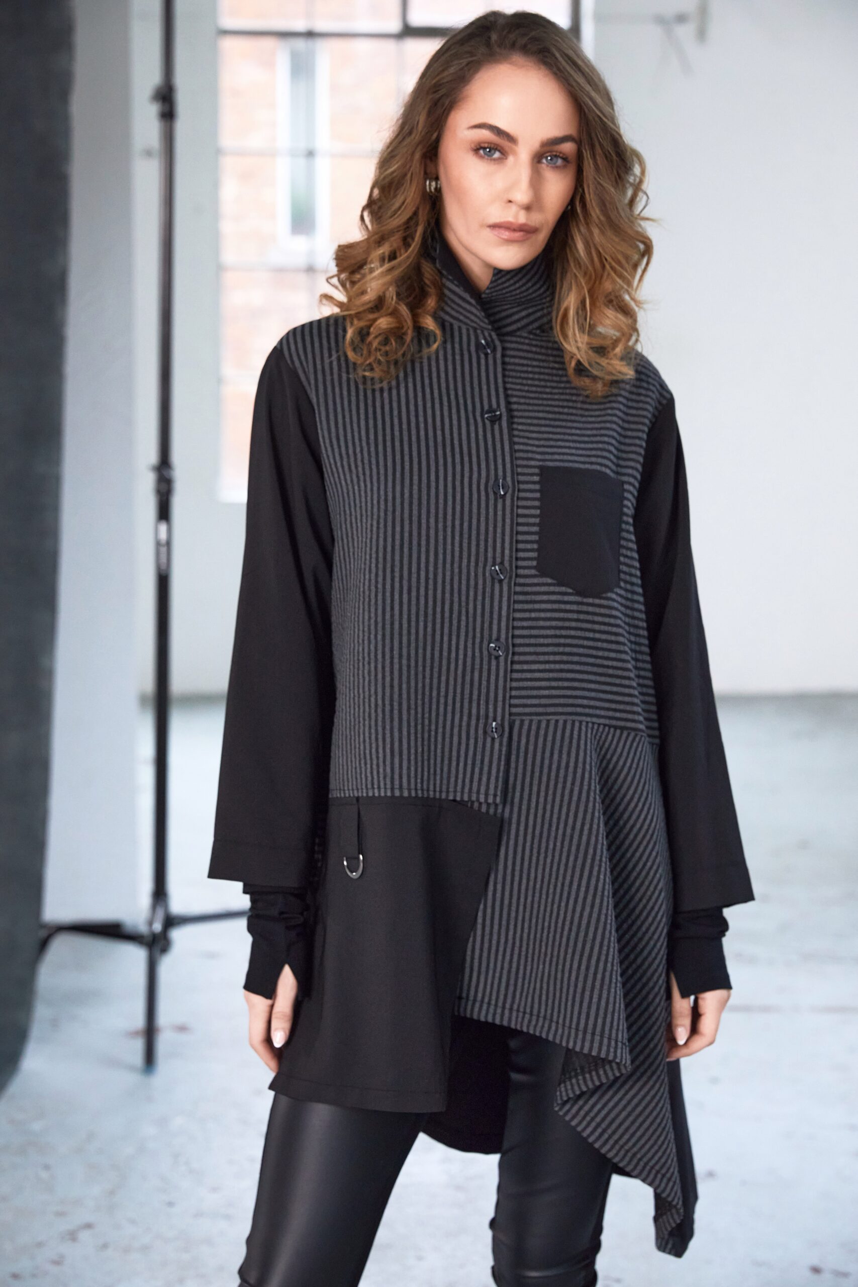 Stripped Blouse with Angled Hem and Contrast Sleeve NAW25191 - Image 3