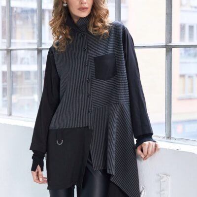 Stripped Blouse with Angled Hem and Contrast Sleeve NAW25191