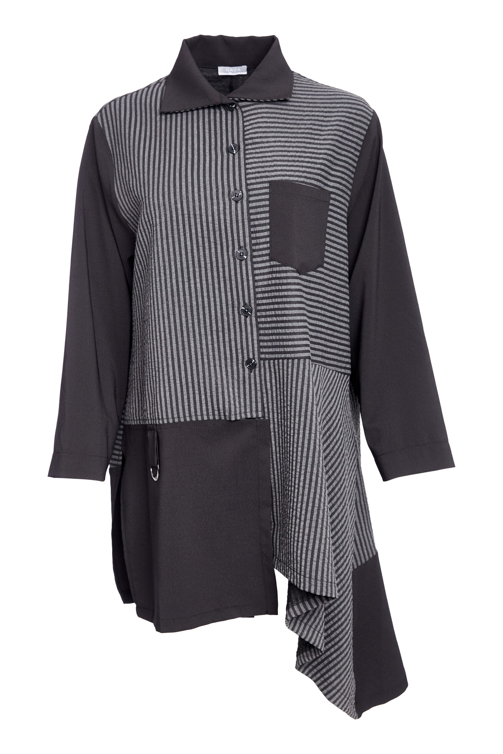Stripped Blouse with Angled Hem and Contrast Sleeve NAW25191 - Image 8