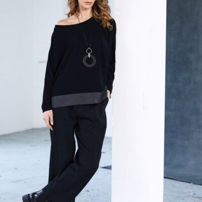 Alternative view of NAYA Round Neck Top with Striped Hem Panel and Necklace NAW25218