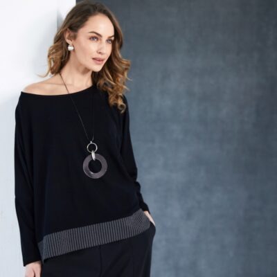 NAYA Round Neck Top with Striped Hem Panel and Necklace NAW25218