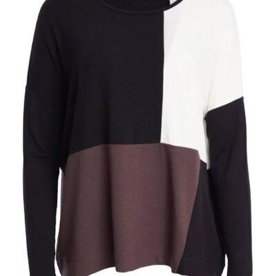 Colour Block Round Neck Long Sleeve Top in Cocoa-Off White-Black NAW25128