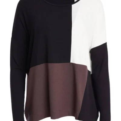 Alternative view of Colour Block Round Neck Long Sleeve Top in Cocoa-Off White-Black NAW25128