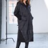 Padded Hooded Coat with Ribbed Collar and Pocket in Black NAW25201