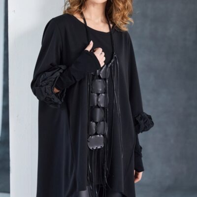 Curved Hemline Tunic Top with Contrast Ruched Cuff NAW25305