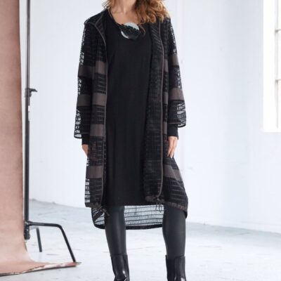 Loose Weave Long Jacket with Contrast Band in Black & Cocoa NAW25348